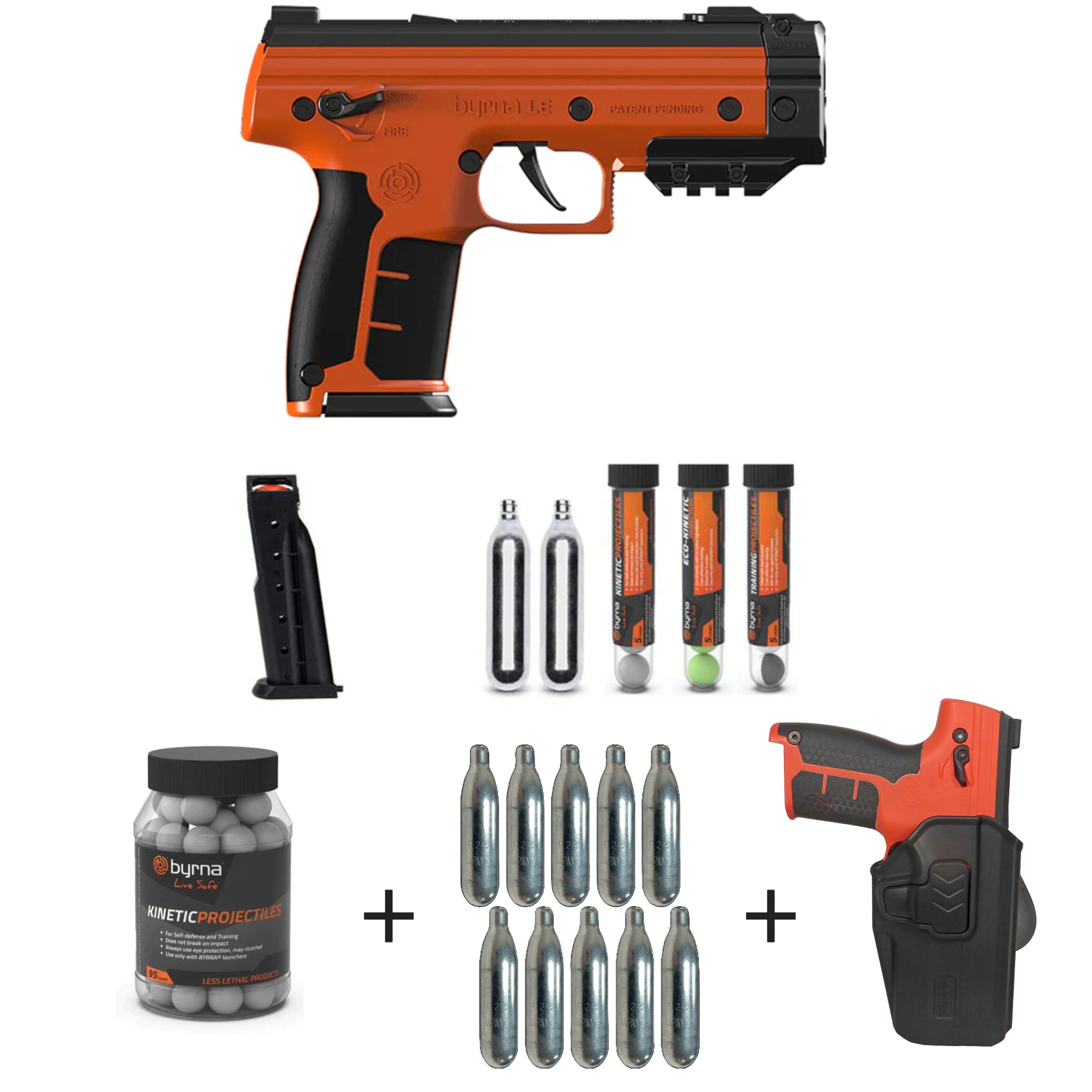 Nakestores LE Bundle Orange - Includes Byrna LE Universal Kit + Byrna 95 count Kinetic Projectiles + Byrna (10) 12grams CO2 +  Byrna Level 2 Holster - NAKESTORES