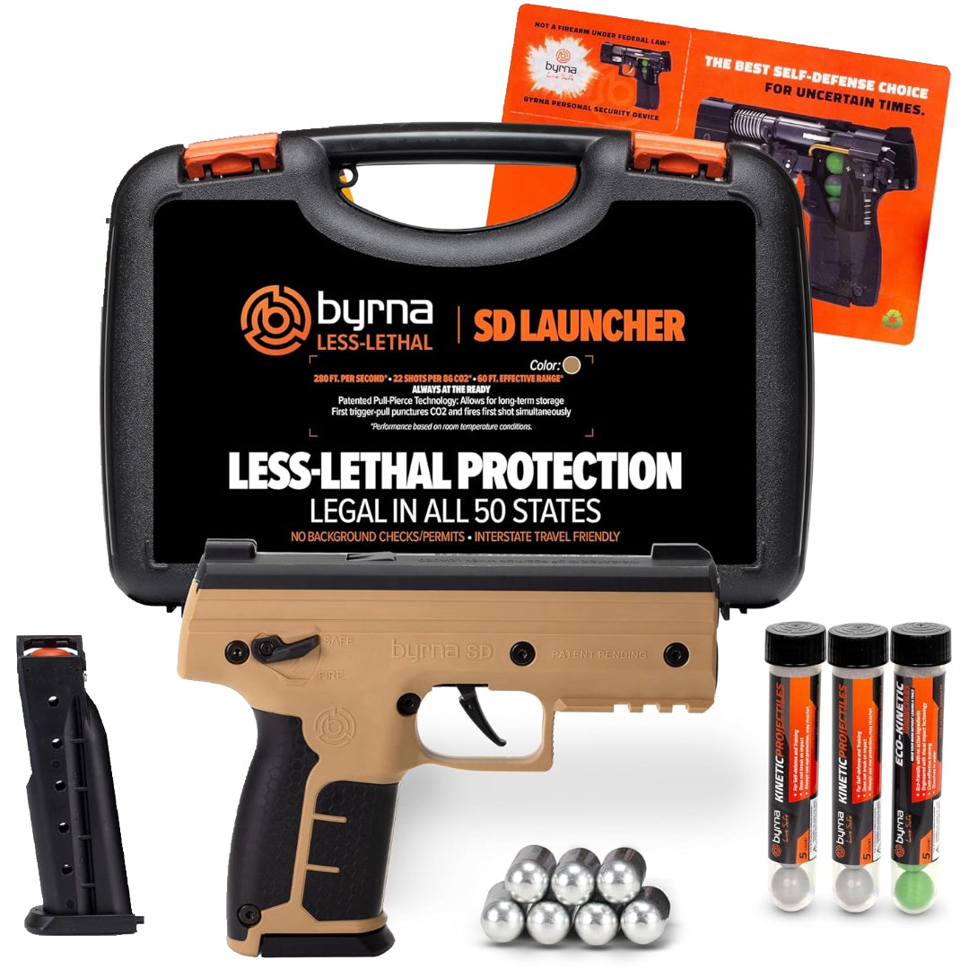 Nakestores SD Bundle Tan | Includes Byrna SD Universal Kit + Byrna 95 Count Kinetic Projectiles + Byrna 10-count 8grams CO2 + Byrna Level 2 Holster - NAKESTORES
