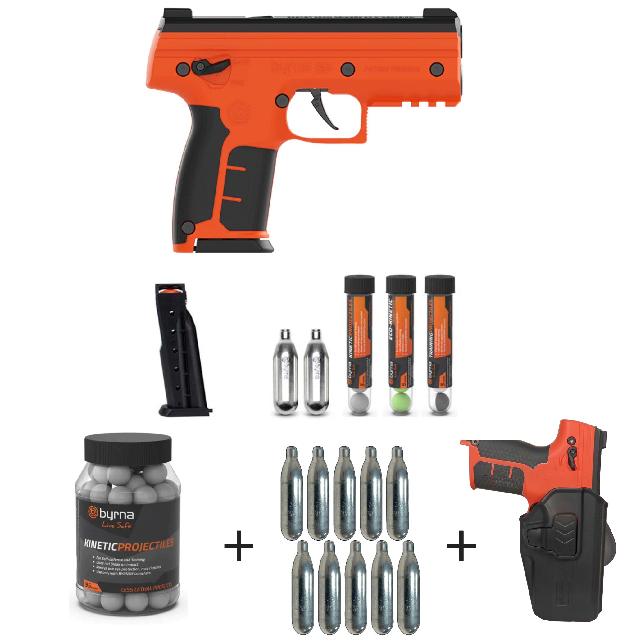 Nakestores SD Bundle Orange | Includes Byrna SD Universal Kit + Byrna 95 Count Kinetic Projectiles + Byrna 10-count 8grams CO2 + Byrna Level 2 Holster - NAKESTORES
