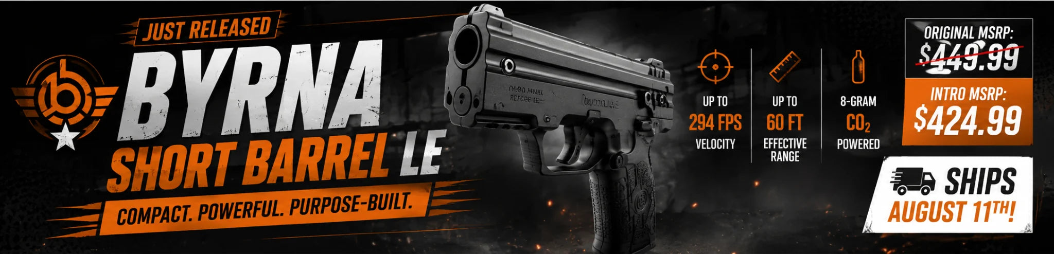 Byrna Short Barrel LE Launcher in black – new compact .68 caliber launcher, 294 FPS, 60-foot range, ships August 11th.